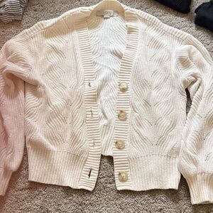 LOFT Cream Cable-Knit Button Front Cardigan Sweater
